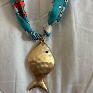 Natasha Couture Gold Fish Pendant Necklace with Turquoise & Orange Scarf